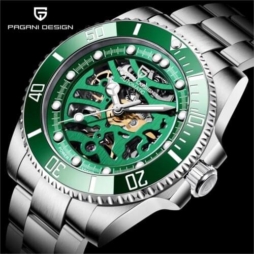 PAGANI Design Skeleton Hollow Mens Automatic Mechanical Watches Mens 100m Waterproof Watches Stainless Steel Watch Reloj Hombre