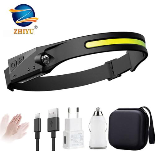 USB Rechargeable Head Lamp Torch COB LED Headlamp Sensor Headlight with Built-in Battery Flashlight 5 Lighting Modes Work Light