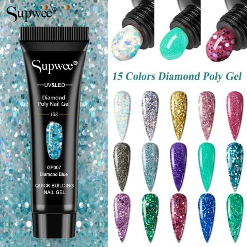 SUPWEE 15ml Poly Nail Gel Glitter Extensions Finger Quick Building Gel Semi Permanent Soak Off Nail Extension All For Manicure
