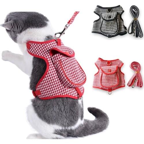 Houndstooth Small Dog Backpack Harness With Pocket Leash Set Outdoor Pet Collar Walking Puppies Cats Carrier Bags Red Black S XL