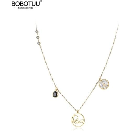BOBOTUU Classic Cubic Zirconia Rhinestone Peace Charm Necklace For Women Stainless Steel Wedding Female Necklace Jewelry BN18043
