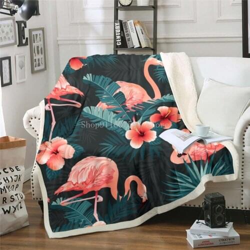 Red Flamingo With Palm 3D Digital Printing Chunky Knit Custom Blanket Winter Fleece Blankets Custom Plush Throw Blanket