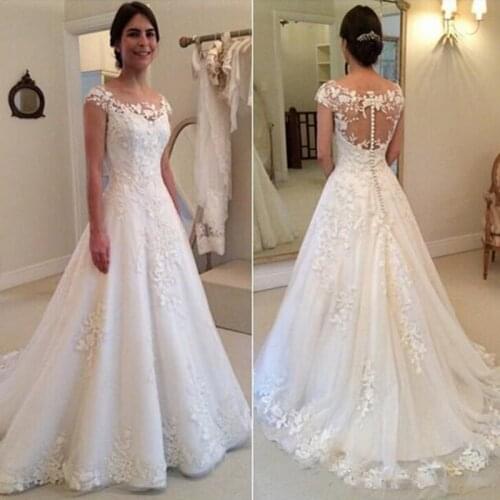2020 Boat Neck Illusion Short Sleeves Lace Vestido De Noiva Ball Gown Custom-made Plus Size Wedding Dresses H06