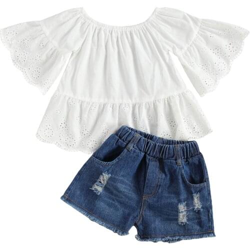 Baby Girls Ruffles Sleeve and Shorts Summer Casual Set Fashion Solid Color Round Neck T-shirts and Ripped Denim Short Pants