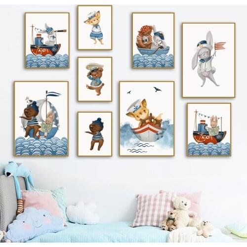Cartoon Captain Bear Rabbit Sailing Adventure Wall Art Canvas Painting Nordic Posters And Prints Wall Pictures For Kids Room