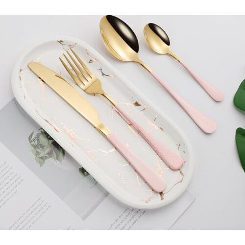 4Pcs Glossy Pink Gold Stainless Steel Cutlery Tableware Set Dinnerware Flatware Set Forks Knives Spoons Set Wedding Silverware