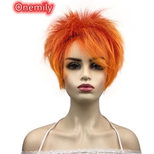 Onemily Short Straight Heat Resistant Synthetic Hair Wigs for Women Girls with Bangs Theme Party Out Fun Orange Red