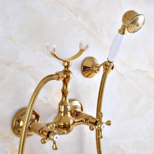Luxury Polished Gold Color Brass Wall Mounted Bathtub Faucet with Handheld Shower Set +1500MM Hose Mixer Tap 2na943