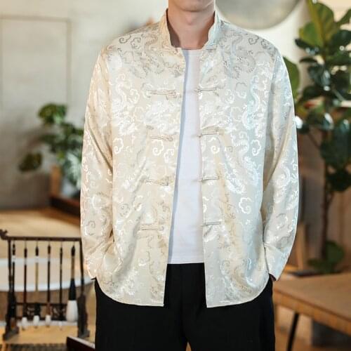 White Satin Mandarin Collar Silk Shirts For Men Collar Chinese Dress Shirt Large Size With Dragon Red New Year Clothes Oversize