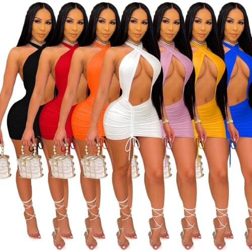 Adogirl Sexy Women Party Dress Elegant Backless Bodycon Slim Solid Mini Dress Evening Club Outfits Drawstring Ruched Dresses