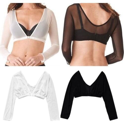 Women Bottoming Sleeve Cover Stylish Mesh Top Front Button Long Sleeve T-shirt Black White Sleeves Arm Cover Shoulder Tops