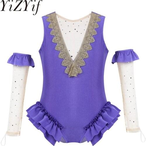 Ballet Leotards For Girls Showman Costume Sleeveless Mesh Splice V-Shape Back Leotard with Arm Sleeves Figure Ice Skating Dress