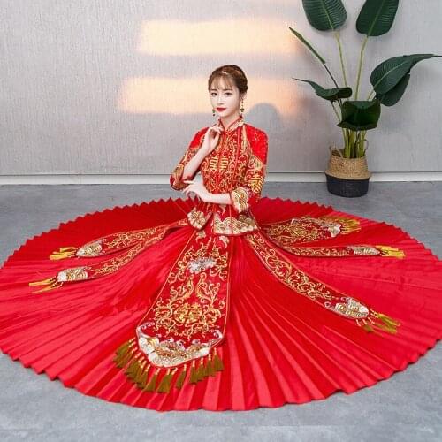 High Quality Traditional Chinese Wedding Dress Long Cheongsam Handmade Embroidery Qipao Dresses Retro Dressing Gown Size S-XXL