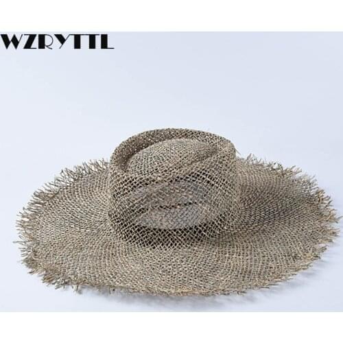 Women Fray Woven Seagrass Boater Hat Casual Sun Beach Hat Cap Wide Brim Summer Hat Unisex Straw Hats for Kentucky Derby Travel