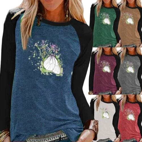 2021 New Autumn and Winter Fashion Women Printing Raglan Long Sleeve Round Neck Loose Casual Shirt Plus Size XS-5XL