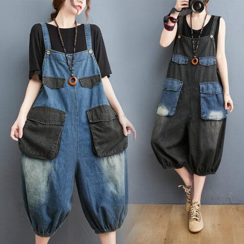 Korean Summer Plus Size Womens Personality Contrast Color Washed Denim Overalls Bloomers Five-Point Pants Ladies Jeans zh1409
