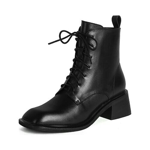 ZJVI Women 2021 Black Genuine Leather Autumn Ankle Boots Squrare Toe Heels Woman Ladies Shoes For Girls Sneakers Cross Tied