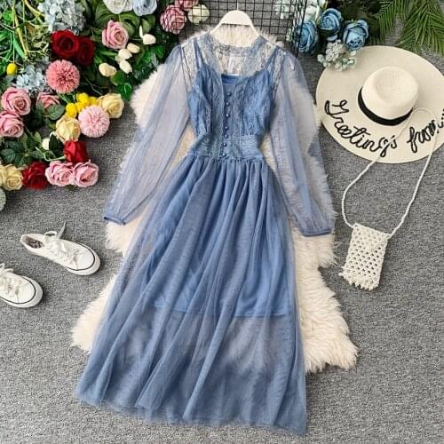 2021 Women V-Neck Long Sleeve Hollow Lace Flower Ruffles Pleated Dress Lady Elastic Slim Waist Mesh Gauze Party Midi Chic Dress