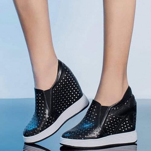 Summer Casual Shoes Women Hollow Genuine Leather Wedges High Heel Ankle Boots Female Round Toe Fashion Sneakers Platform Oxfords