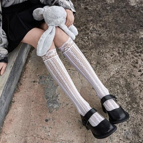 Lolita Women Stockings Hollow High Knee Socks Female Transparent Thin Long Stockings Black White Dress Calcetine Medias