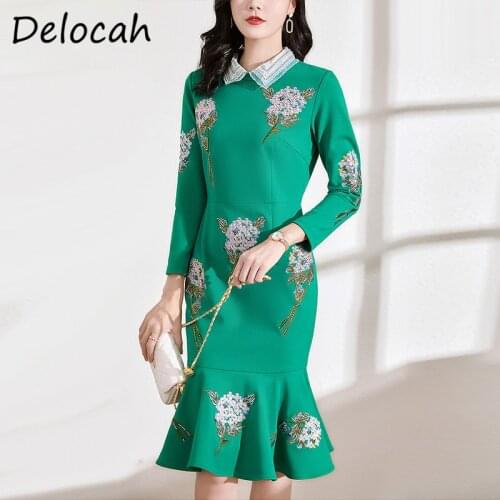 Delocah New 2021 Autumn Women Fashion Runway Mermaid Dress Long Sleeve Gorgeous Beading Embroidery Elegant Midi Dresses Vestidos