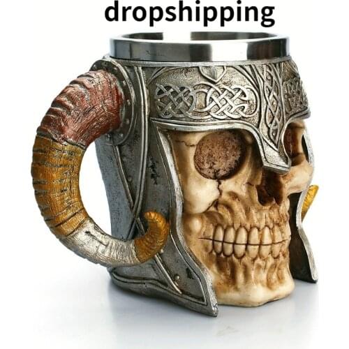 Double stainless steel skull cup beer cup coffee cup tea cup Knight Helmet Halloween Gift drpopshipping