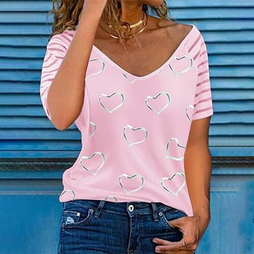 Heart Print T-Shirt Women Harajuku Summer Tees Vintage Short Sleeve V Neck New Fashion Tops Plus Size Female Casual Streetwear
