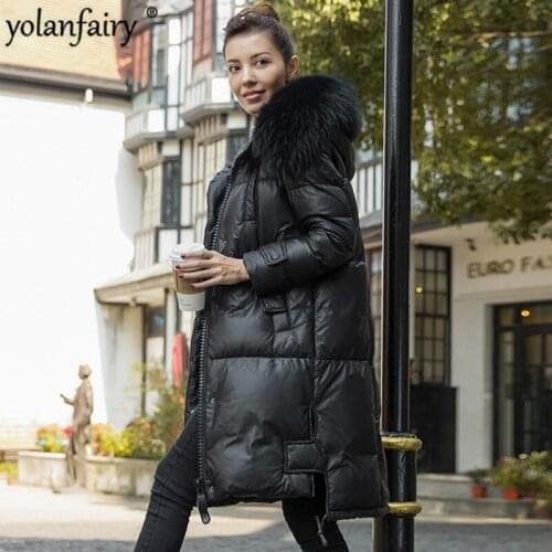 YOLANFAIRY Geniune Leather Jacket Women Sheepskin Leather Down Coat With Reccoon Dog Fur Coats Winter Warm K168735 MF426