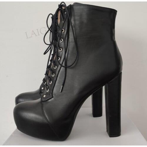 LAIGZEM Women Ankle Platform Boots Lace Up Thick Chunky High Heels Boots Faux Leather Female Shoes Woman Big Size 40 44 45 52