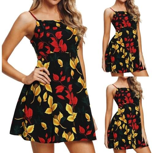 Summer Slim Print Dress Women Casual A-Line Sleeveless Above Knee Mini Floral Dress New Slash Neck Off-the-Shoulder Dresses Q30