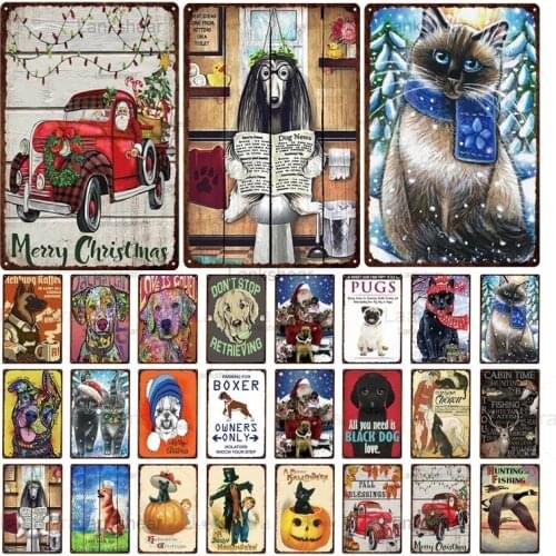 Retro Christmas Metal Tin Sign Vintage Christmas Santa Claus Pet Dog Cat Iron Plate Plaque Bar Club Garage Pet Store Home Decor