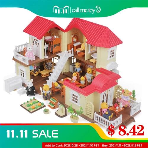 Dollhouse Furniture Kit Pretend Play House Toys DIY Dollhouse Forest Lodge Villa Collocation Animal Family Toys For Girls Gifts