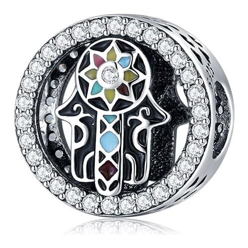 New Enamel Charms Silver 925 Original Zircon Bead Fashion Fatima Hamsa Hand Charm Accessories Fine Beads for Jewelry Making