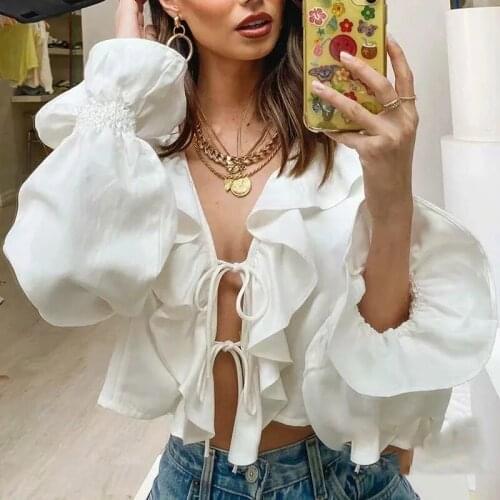 Hedging Ruffled V-neck Lace-up White Lace-up Trumpet Sleeve Long-sleeved Top Summer Spring Temperament Beach New Top Crop Top