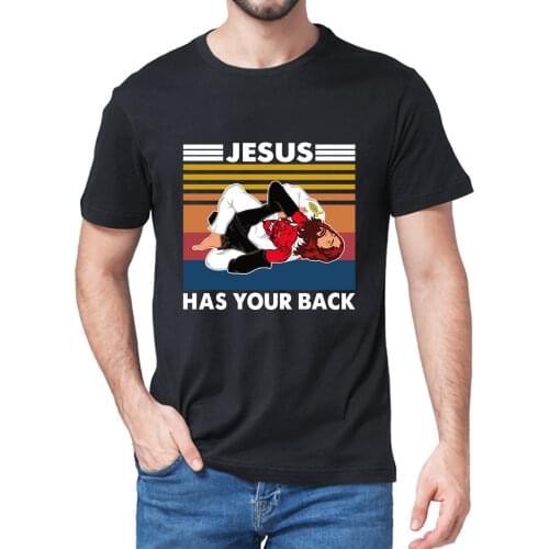 JIU JITSU Jesus Has Your Back Funny Christian Satan Vintage Mens Neck Short Sleeves 100% Cotton Oversized T-Shirt Gift Women Tee