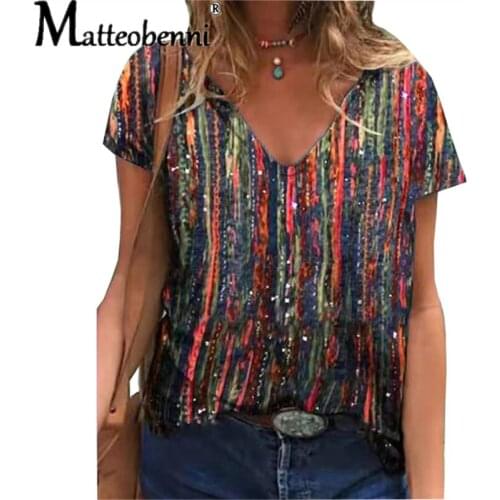 New Womens T-Shirts Rainbow Gradient Short Sleeve Loose Casual Pullovers Women Elegant V Neck Vintage Stripe Print Streetwear