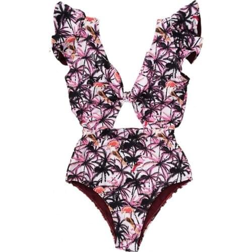 Womens Swimsuits 2021 Sexy Female Monokini Floral Print Deep V Neck Swimwear Women Sexy Ruffle One Piece Swimsuit Swimming