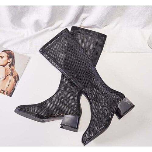 Sooneeya Mid Calf Zipper Boots Women Hollow Breathable Mesh Women Boots Black White Gladiator Shoes Woman Sexy Long Lady Boots