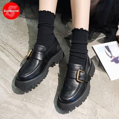 Superone Women Flat Shoes Real Leather Metal Buckle Chunky Style 2021 Spring Shoes For Women Fashion Daily Footwear Size 34-40