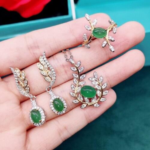 Vintage Fashion 925 Silver Inlaid Natural Emerald Jewelry Sets For Women Wings Design Pendants Necklaces Rings Drop Earrings Set