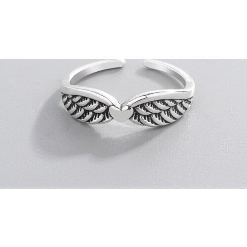 925 Sterling Silver Heart Angel Wings Finger Ring For Women Girls Vintage Punk Jewelry jz197