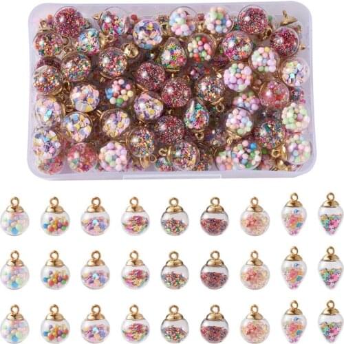 1Box MultiColor Transparent Glass Globe Pendant for Earring Necklace Jewelry Making Decor with Flat Round Glitter Sequins Inside