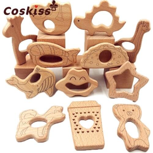 Lovely Cartoon Wood Teether 10pcs Natural Animal Shaped Baby Teething Nursing Wood Teether Baby Girl DIY Care Pendant Toys