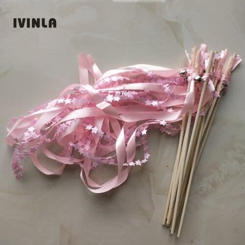 30pcs/lot pink ribbon wands with star for wedding decoration