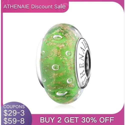 ATHENAIE 925 Sterling Silver Gold Sands Bubble Green Rainforest Italian Murano Glass Charms Beads fit DIY Bracelet Necklace