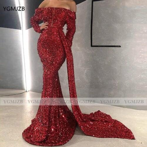 Sparkly Sequin Evening Dresses 2021 Mermaid Off The Shoulder Long Sleeves Burgundy African Women Formal Party Prom Gowns