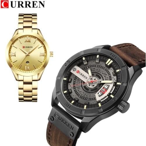 CURREN Luxury Brand Couple Watches Top Brand Luxury Gold Steel Leather Quartz Man Watches Women Men Lovers Watch Set Clock Male