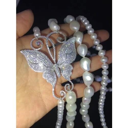 Long fresh water pearl necklace double layers 925 sterling silver with cubic zircon butterfly fine jewelry free shipping