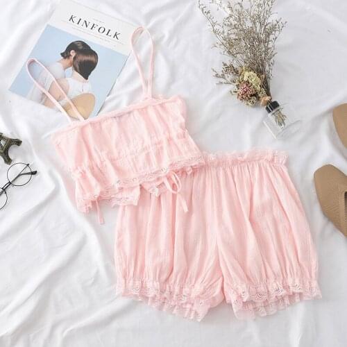 HONVIEY home wear women pajamas suit new U-Neck two-piece cardigan casual sling sleep tops wild casual shorts elastic pigiami