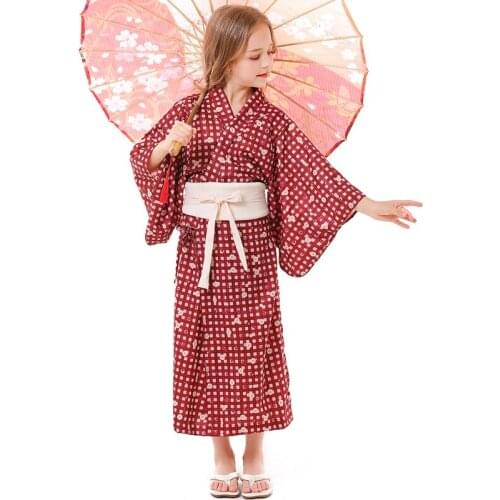 Red Plaid Girls Kimono Cosplay Kids Children Halloween Japanese Traditional Costumes Carnival Purim Parade Role Play Party Dress